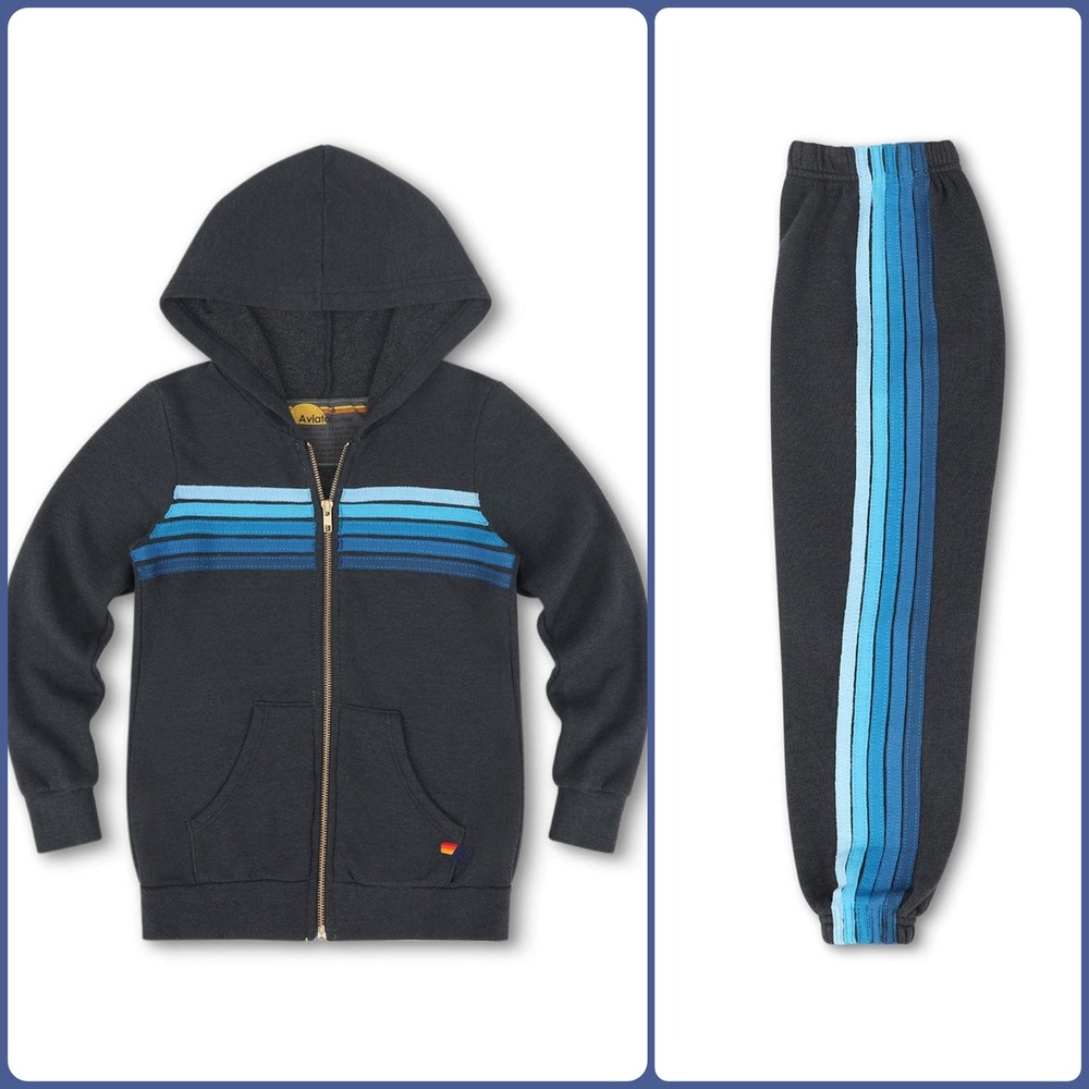 NEW Aviator Nation Kids 5 Stripe Charcoal Blue Hoodie Sweatpants Set Size 12